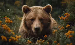 a close up photo of a brown bear in yellow flowers
