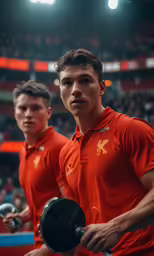 two men in red shirts with their hands behind them and holding tennis racquets in front of them