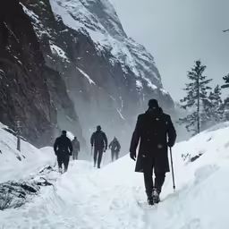 a group of people hiking through the snow