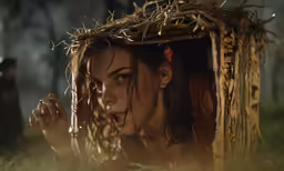 a young woman hiding in the hay
