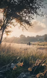 a person is walking in the grass near trees