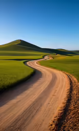 a dirt road through an open field near rolling hills