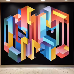 a wall has a painting on it that is very colorful
