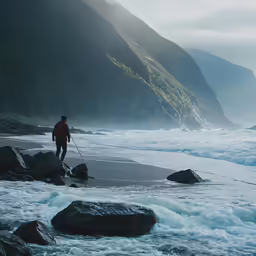 man standing on rocks near water and mountain