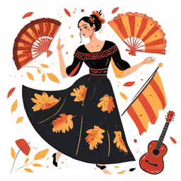 woman in black dress and orange fan next to an instrument