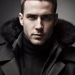 a man in black jacket wearing a fur collar