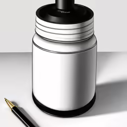 a black and white container with a pen sitting next to it
