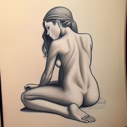 a drawing is of a nude woman sitting on the ground,a sketch of a woman sitting naked in the bath room