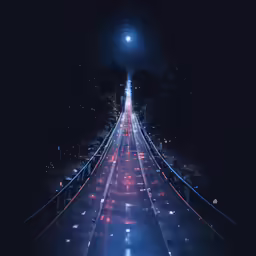 the night view of an elevated highway through some lights