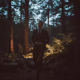 a man in a suit standing on a dirt path