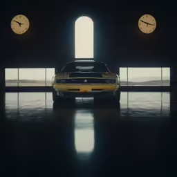 a yellow car sitting under a huge clock on a room