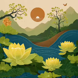 this image depicts a scene with water lilies, mountains and a large sun rising,an artistic scene with water lilies and a mountain in the background
