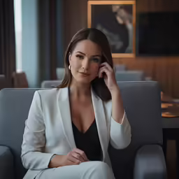 a woman sitting on top of a gray couch next to a white couch