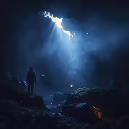 a person in the dark standing on a cliff