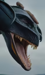 the dinosaur skull is being held in front of a human hand