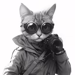 a black and white photograph of a cat wearing goggles, holding a camera to her nose