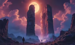 an image of a scene from star wars with a dark sky and tall, mountain - like buildings with a man standing in the foreground