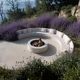 a circular seating area with a fire pit