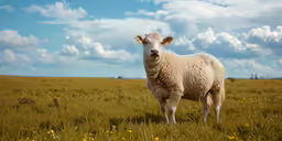 a sheep in the middle of a grass field with clouds in the background