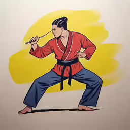 a woman in a red shirt doing karate with a sword