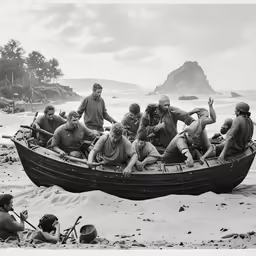many people are sitting on the beach in a boat