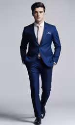 the man in the blue suit is posing for the camera