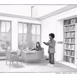 two young girls stand in a library talking to each other
