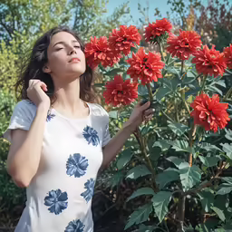 woman smelling red flowers with one hand and mouth open
