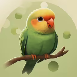 a green bird sits on a branch with bubbles in the background