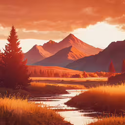 an orange sunset lights up the valley and mountains,a mountain with a creek running through it