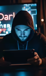 a young man in hoody holding an electronic tablet