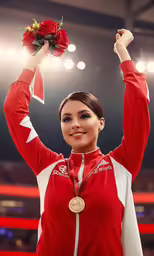 a woman wearing a jersey with a rose in her hand