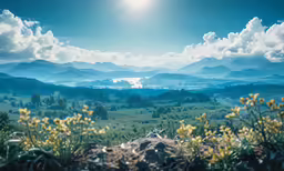 the sun rises above the beautiful landscape in the mountains