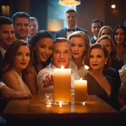 a bunch of people are posing next to a candle