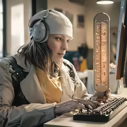 a woman wearing headphones working on a computer keyboard
