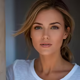 a woman posing for a portrait by the wall