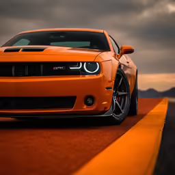 an orange car that is on the side of the road