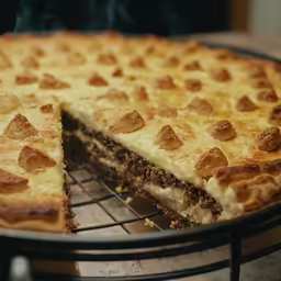 a pastry on a cooling rack with slices missing