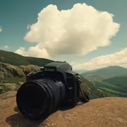 camera on rock overlooking a valley and mountains