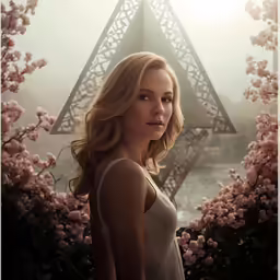 a woman is standing in front of a picture