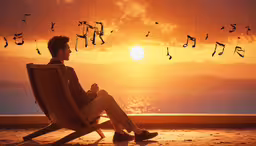 a man sitting in a folding chair while listening to music,there is a man sitting in a chair with musical notes above