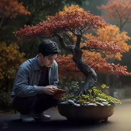 a person kneeling down in front of a potted plant