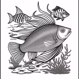 fish in a reef line drawing by pen and ink,fish with large wings, under sea weed and small rocks, with pebbles and stones under water and seaweed around,a fish swimming in the ocean surrounded by corals and seaweed,an ocean animal with some different colors,the underwater fish has stripes on it