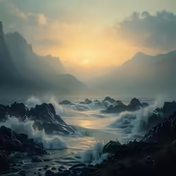 the sun is setting over some water with crashing waves