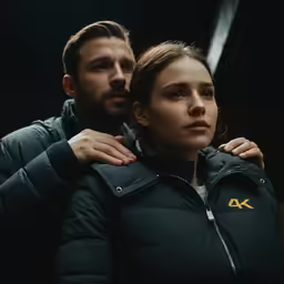 a couple embracing on the front with their arms around each other