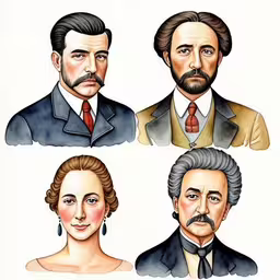 a series of cartoon portraits of victorian people,a group of people in different clothing and the same man