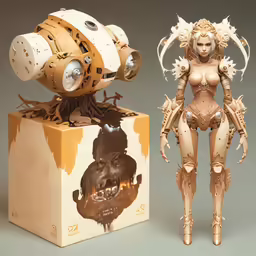 a mechanical robot next to a cardboard box with a model of a female figure on it
