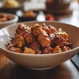 the small bowl has tofu and meat in it