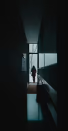 a person is walking down a dark hallway
