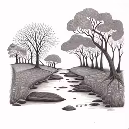 an ink drawing of a stream surrounded by trees,a pencil drawing of a stream in the woods,an illustration of a stream running through a forest,a drawing of trees in a creek in the woods,this is an art piece that depicts the road leading to trees
